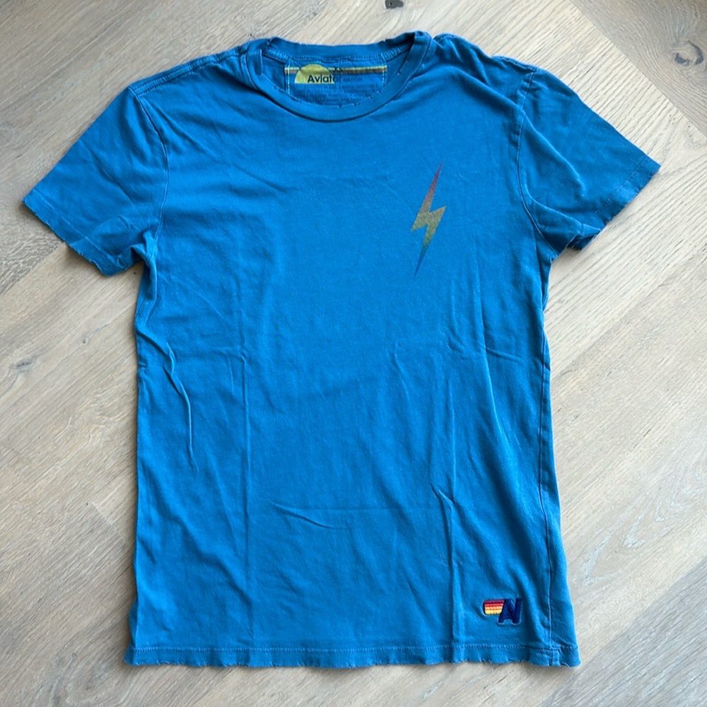 Aviator Nation T shirt Blue with multi color bolt in front